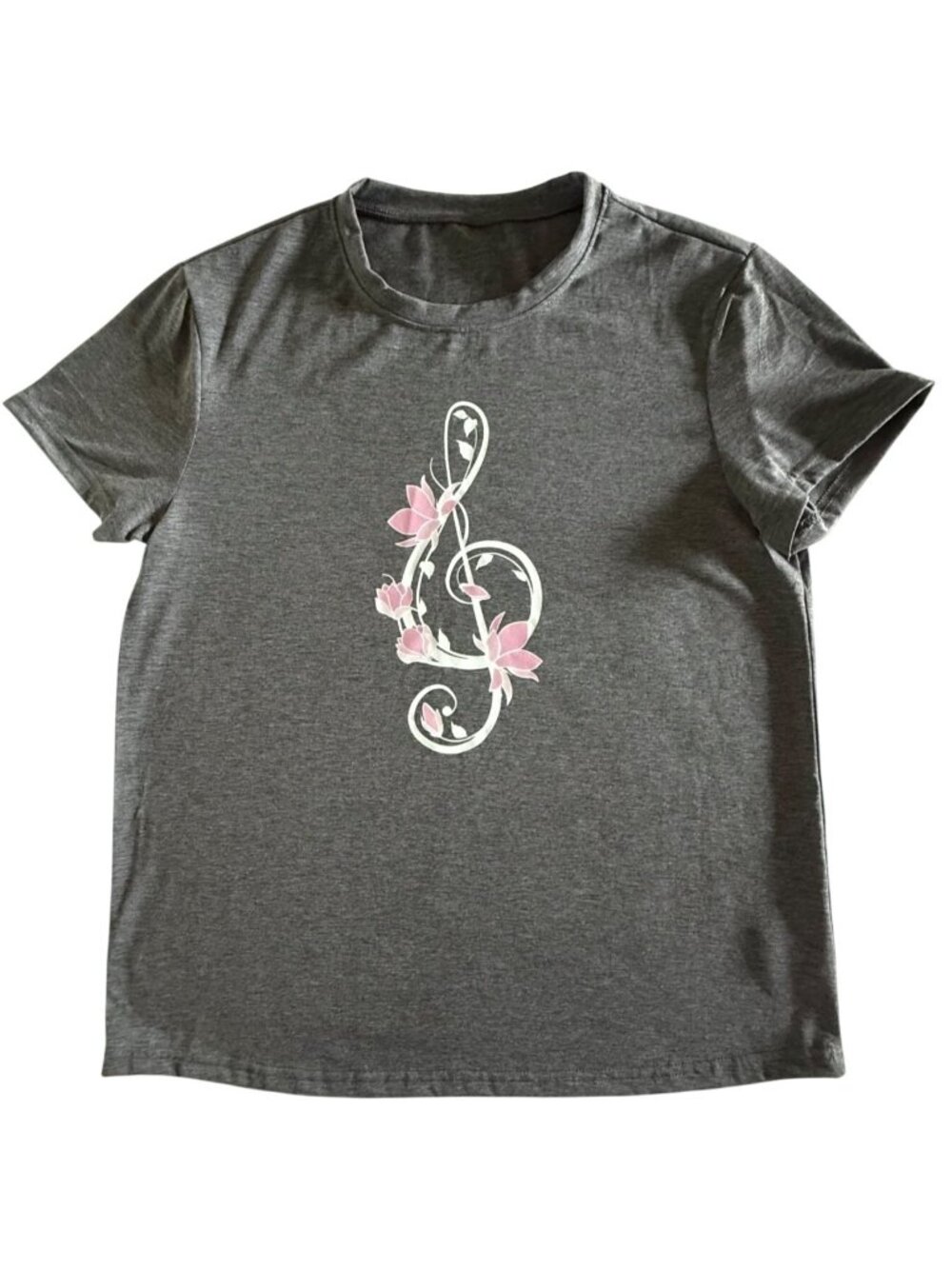 Floral Treble Clef Womens Large Tee Charcoal Gray Pink Music Graphic